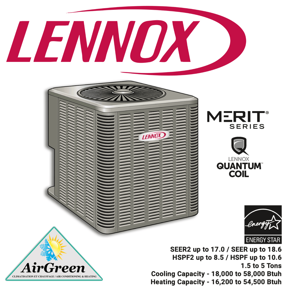 Thermopompe Centrale LENNOX MERIT ML17XP1 3 Tonnes spec sheet with relevant information
