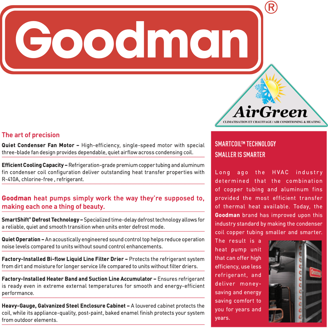 Thermopompe Centrale Goodman 16 SEER de 1.5 Tonnes spec sheet with relevant information