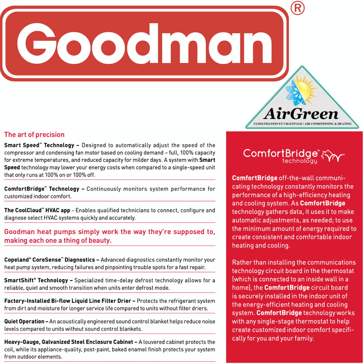 Thermopompe Centrale Goodman 18 SEER DEUX VITESSES de 4 Tonnes spec sheet with relevant information