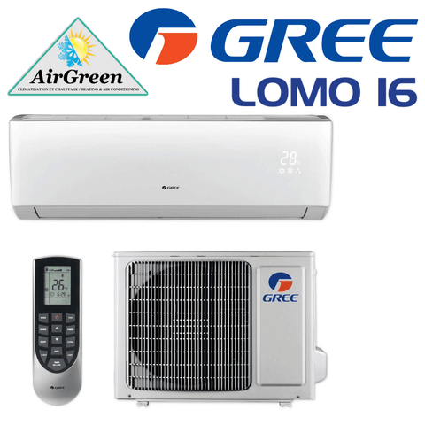 Thermopompe Murale Gree LOMO 16 de 9 000 BTU Montréal avec unité intérieure, extérieure et télécommande AirGreen.