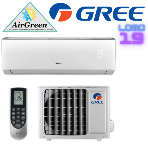 Thermopompe Murale GREE LOMO 19 de 24 000 BTU avec télécommande et unité extérieure installée par AirGreen.