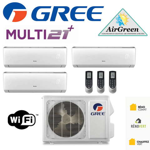 Thermopompe Triple Zone Gree Multi21+ Compresseur 42 000 BTU Montréal, mini split mural avec télécommandes et unité extérieure.