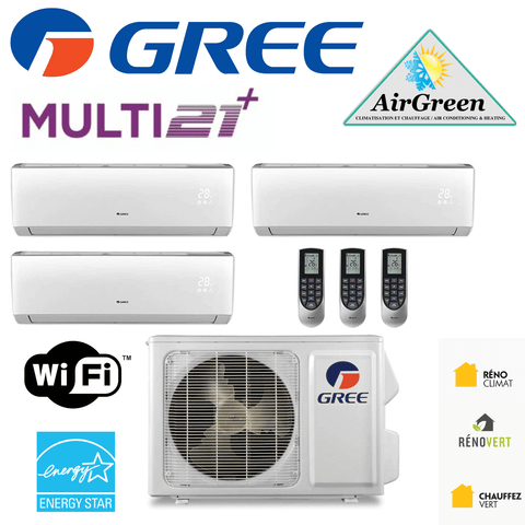 Thermopompe Triple Zone Gree Multi21+ Compresseur 30 000 BTU Montréal, climatiseur mural avec télécommandes et unité extérieure.