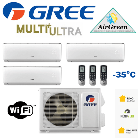 Thermopompe Triple Zone Gree Multi+ Ultra Compresseur 36 000 BTU Montréal - mini split mural avec télécommandes, -35°C.