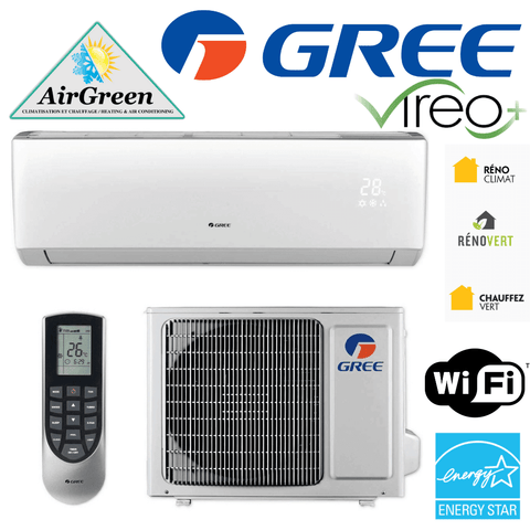 Thermopompe Murale GREE VIREO+ de 9 000 BTU (-20°C) avec télécommande, unité extérieure et logos AirGreen et Energy Star