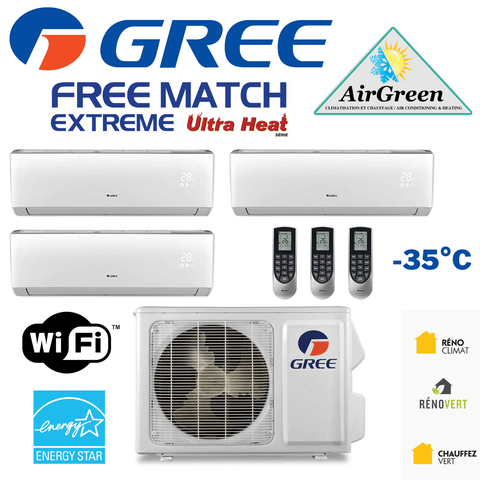 Thermopompe Triple Zone Gree Free Match Extreme Compresseur 24 000 BTU Montréal avec télécommandes et unité extérieure