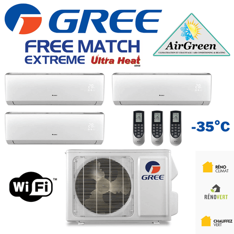 Thermopompe Triple Zone Gree Free Match Extreme Compresseur 36 000 BTU Montréal avec mini split mural et télécommandes