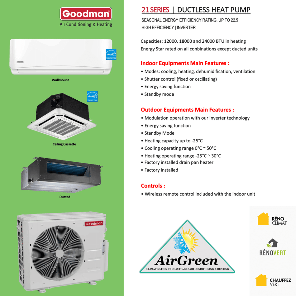 Thermopompe Double Zone Goodman Série 21 SEER Compresseur 18 000 BTU spec sheet with relevant information