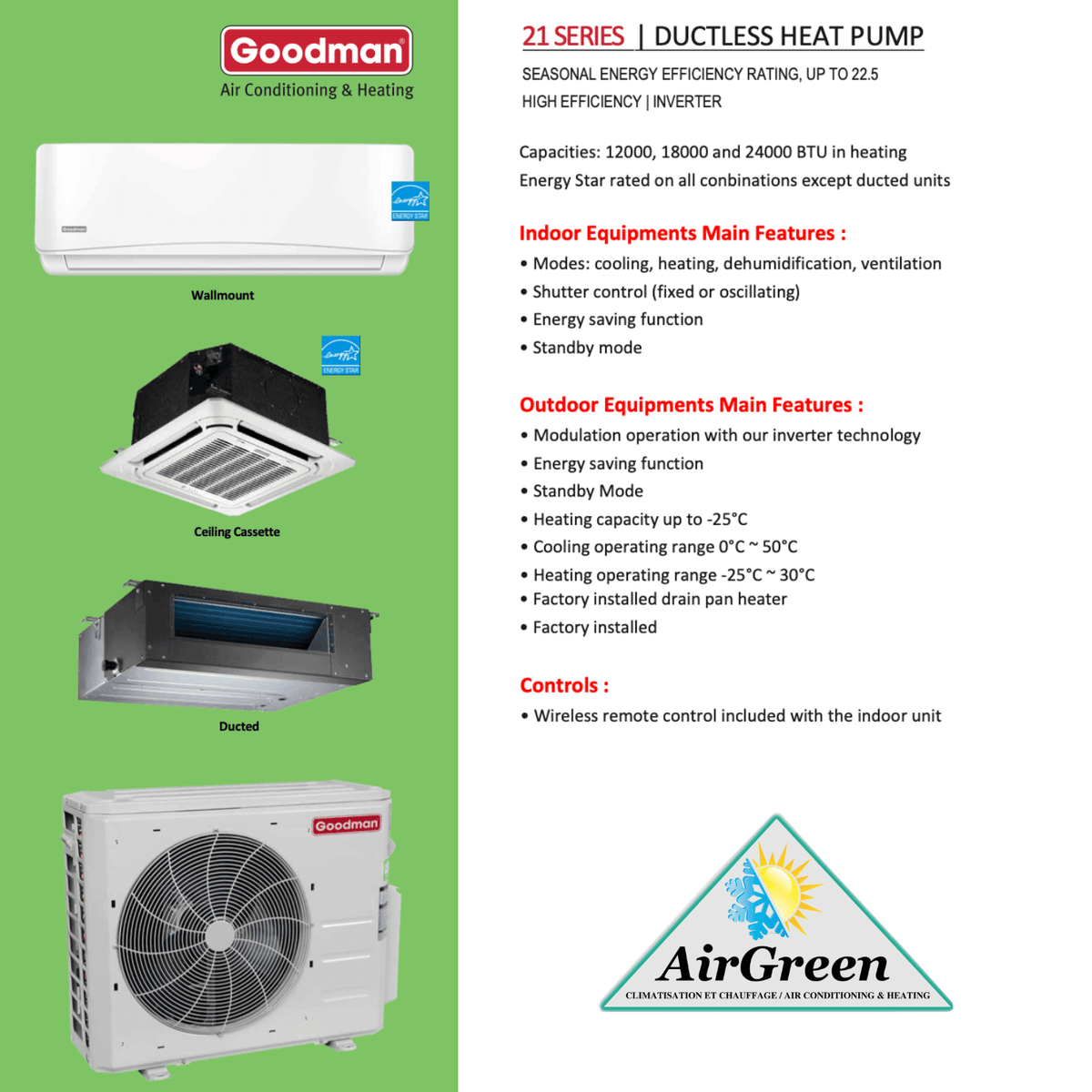 Thermopompe Double Zone Goodman Série 21 SEER Compresseur 27 000 BTU spec sheet with relevant information