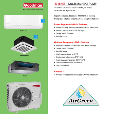 Thermopompe Double Zone Goodman Série 21 SEER Compresseur 27 000 BTU spec sheet with relevant information