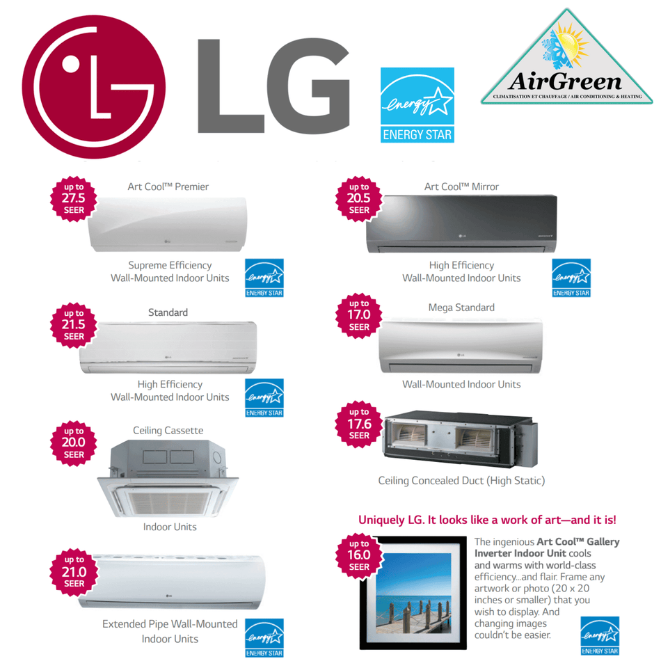 Thermopompe Murale LG GLOSS WHITE de 9 000 BTU spec sheet with relevant information