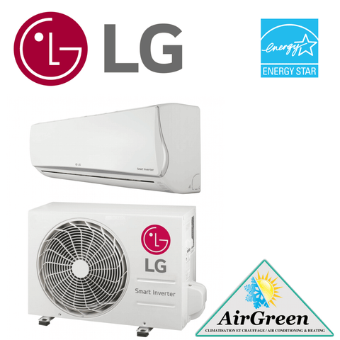 Thermopompe Murale LG GLOSS WHITE de 9 000 BTU Montréal avec certificat Energy Star et logo AirGreen.