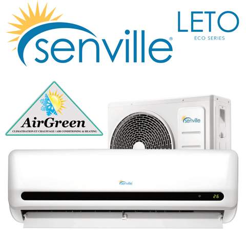 Thermopompe Murale Senville LETO de 24 000 BTU Montréal, climatiseur sur fond blanc avec logo AirGreen et Senville.