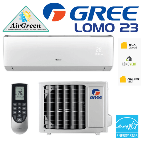Thermopompe Murale GREE LOMO 23 de 9 000 BTU Montréal (-25°C) avec télécommande, unité intérieure et extérieure.