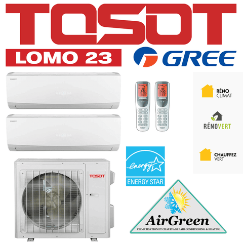 Thermopompe Double Zone Tosot Lomo 23 SEER Compresseur 24 000 BTU Montréal mini split mural avec télécommandes.