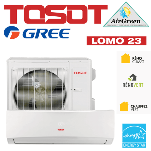 Thermopompe Murale Tosot LOMO 23 de 12 000 BTU Montréal avec logos GREE, AirGreen, RÉNO CLIMAT, RÉNO VERT et Energy Star