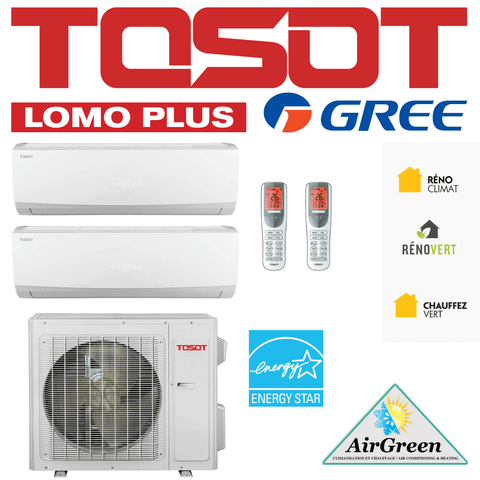Thermopompe Double Zone Tosot LomoPlus UltraHeat Compresseur 18 000 BTU Montréal avec unités intérieures, télécommandes et logos.