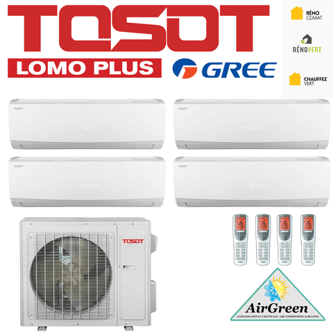 Thermopompe Quad Zone Tosot LomoPlus UltraHeat Compresseur 42 000 BTU Montréal avec télécommandes et unités murales blanches