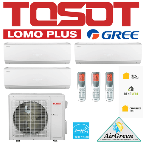 Thermopompe Triple Zone Tosot LomoPlus UltraHeat Compresseur 24 000 BTU Montréal avec télécommandes et unité extérieure.