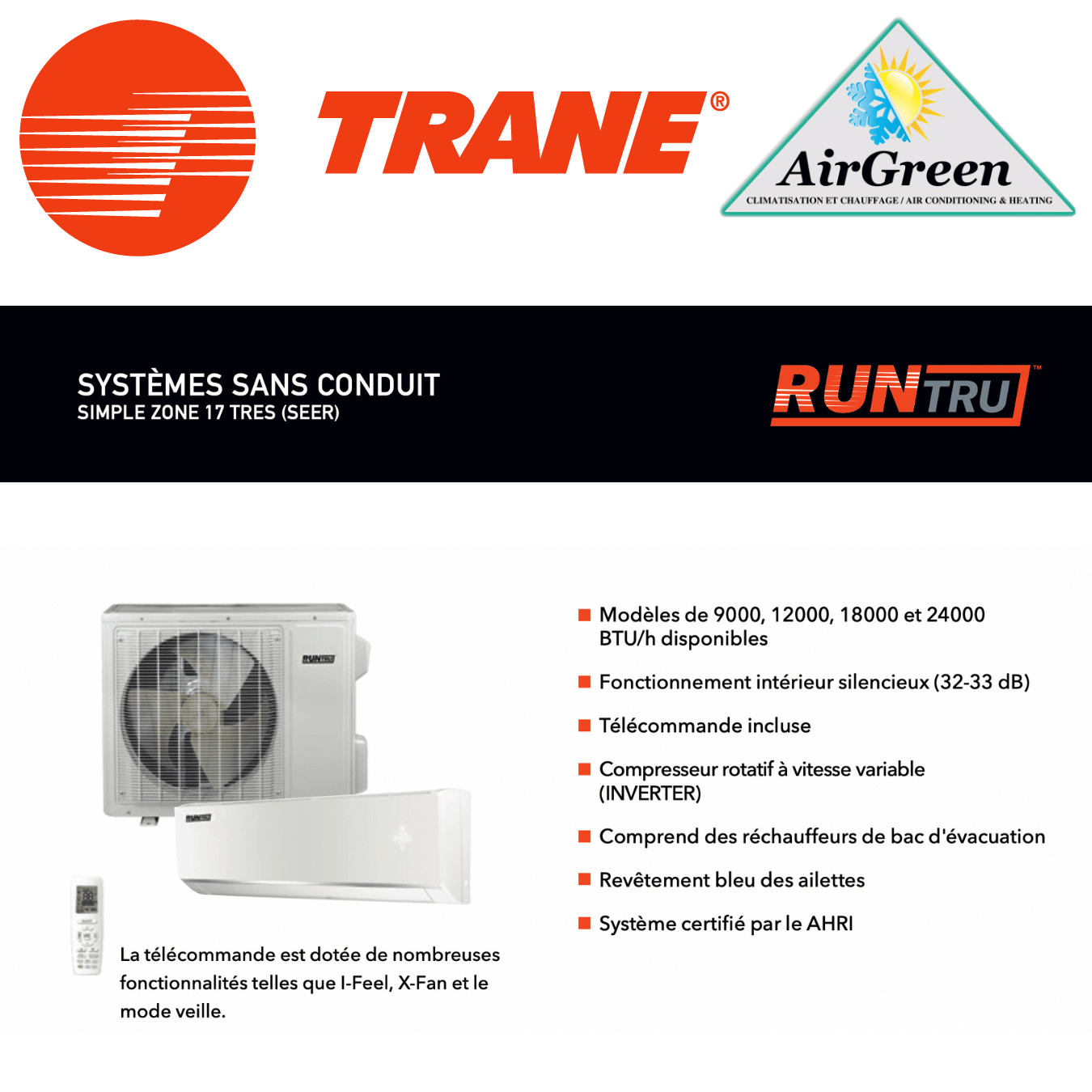 Ductless Mini Split Trane RunTru 17 Seer 12000 BTU Installation Montreal