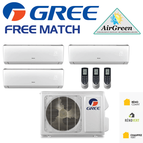 Thermopompe Triple Zone Gree Free Match Compresseur 42 000 BTU Montréal installation et distribution, multi-zone mini split mural.