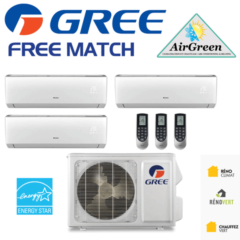 Thermopompe Triple Zone Gree Free Match Compresseur 30 000 BTU Montréal avec unités murales et télécommandes