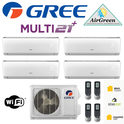 Thermopompe Quad Zone Gree Multi21+ Compresseur 42 000 BTU Montréal illustration avec unités murales et télécommandes