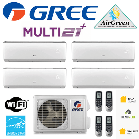 Thermopompe Quad Zone Gree Multi21+ Compresseur 36 000 BTU Montréal, Mini split mural avec quatre unités intérieures et extérieur.
