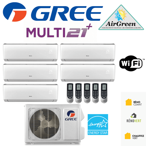 Thermopompe Cinq Zone Gree Multi21+ Compresseur 36 000 BTU Montréal with Energy Star rating and WiFi control features.