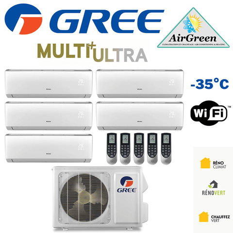Thermopompe Cinq Zone Gree Multi+ Ultra Compresseur 42 000 BTU Montréal - mini split, WiFi, -35°C performance heating, cooling.
