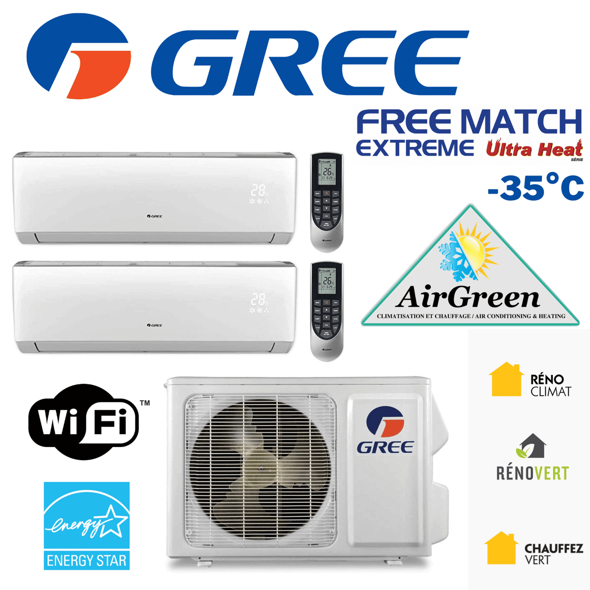 Thermopompe Double Zone Gree Free Match Extreme Compresseur 18 000 BTU