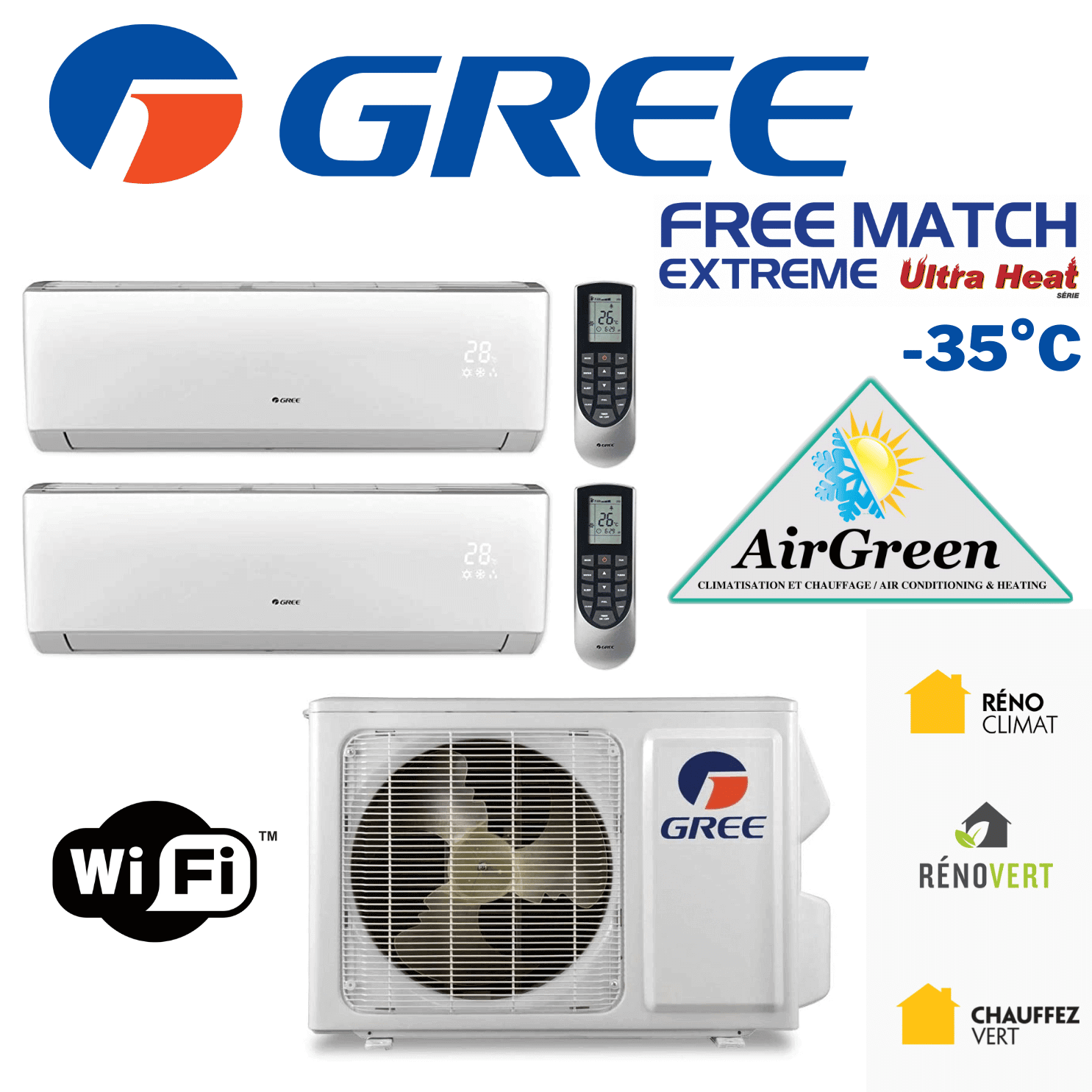 Thermopompe Double Zone Gree Free Match Extreme Compresseur 42 000 BTU
