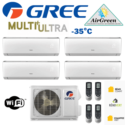 Thermopompe Quad Zone Gree Multi+ Ultra Compresseur 42 000 BTU Montréal avec unités murales et compresseur extérieur -35°C