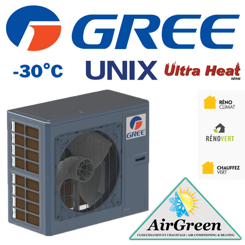 Thermopompe Centrale Gree UNIX 3 Tonnes pour chauffage et climatisation à Montréal, modèle Ultra Heat performant jusqu'à -30°C.