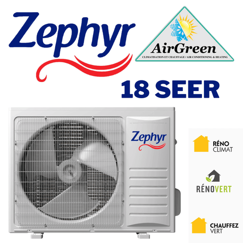 Thermopompe Centrale Zephyr 18 SEER 2 Tonnes montrée avec logos des certifications climatiques.