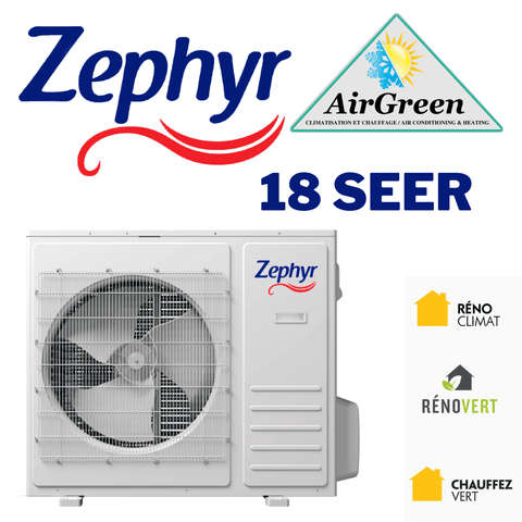 Thermopompe Centrale Zephyr 18 SEER 3 Tonnes display with logos for energy efficiency programs