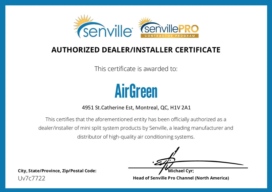 Senville Pro certificate: AirGreen, authorized dealer/installer of Senville mini-split systems